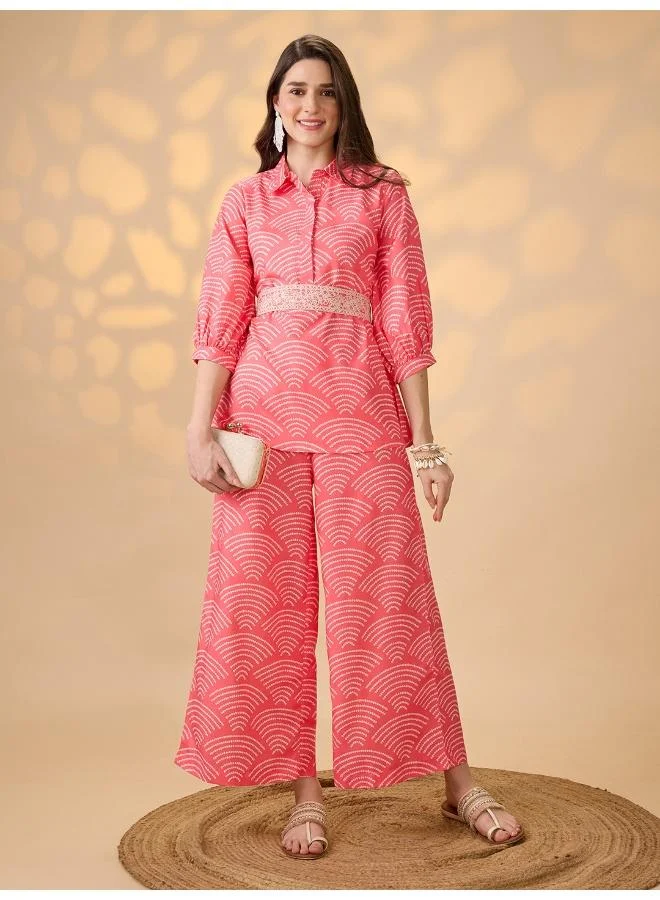 globus Globus Women Coral Shirt Collar Puff Sleeves Abstract Print Tunic With Palazzos & Embroidered Belt Festive Co-Ord Set